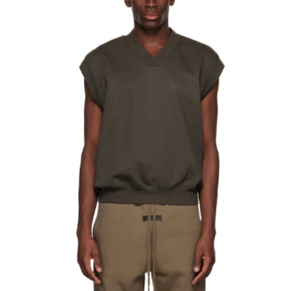 Fear Of God Mens Large Essentials Vneck Fleece Dark Olive Vest - Picture 1 of 14